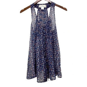 Floral Print Sheer Sleeveless Blouse Top Navy Size S